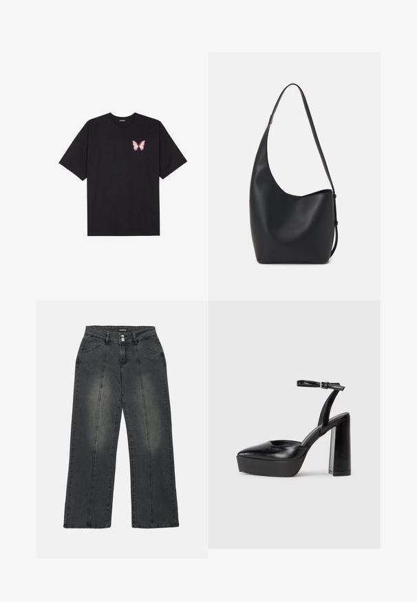Black cotton t-shirt with short sleeves, featuring a small pink butterfly graphic on the left chest. Crew neck design with a relaxed fit.; Wide-leg jeans in dark gray denim, featuring a high waist, dual front pockets, center seams, and subtle fading on the fabric.; Black platform heels with a pointed toe and adjustable ankle strap. Constructed from smooth leather, featuring a chunky block heel.; Black leather hobo bag with a smooth texture, curved shape, and single adjustable strap; features a wide opening at the top.