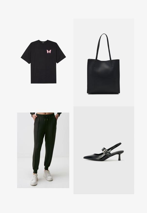 Schwarzes Baumwoll-T-Shirt mit kurzen Ärmeln, das ein kleines pinkes Schmetterlingsmotiv auf der linken Brust zeigt. Crewneck-Design mit einem entspannten Schnitt.; Dunkelgrüne Jogginghosen mit einem Kordelzugbund, schmal zulaufenden Säumen, Seitentaschen und weichem Stoff, kombiniert mit weißen Sneakers.; Schwarze Lackleder Slingback-Absätze mit spitzem Zeh und kleinem Blockabsatz, ausgestattet mit einem silbernen Schnallenakzent am Riemen.; Schwarze Laptoptasche aus Leder mit glatter Textur, rechteckiger Form und zwei langen Griffen. Keine sichtbaren Beschläge oder Verzierungen.