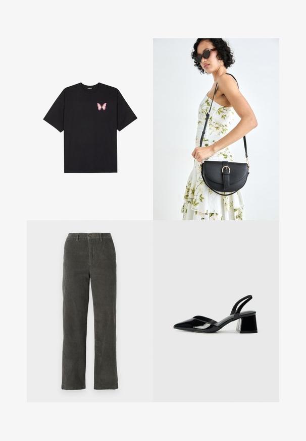 Svart bomulls T-skjorte med korte ermer, med en liten rosa sommerfugl grafikk på venstre bryst. Crew-neck design med en avslappet passform.; Grå kordfløyelsbukser med linning, frontlukking med knapp og to sidelommer. Rett ben-design og ribbet tekstur.; Svarte patentlær slingback hæler med spiss tå og geometrisk blokk hæl. Har et stilrent, minimalistisk design og jevn tekstur.; Svart lærveske med en buet form, avtagbar stropp og gullbeslag. Vesken har et klaff med spenne-detall.