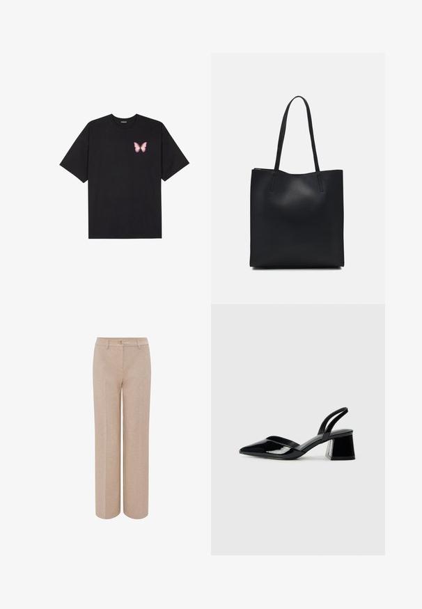 Schwarzes Baumwoll-T-Shirt mit kurzen Ärmeln, das ein kleines pinkes Schmetterlingsmotiv auf der linken Brust zeigt. Crewneck-Design mit einem entspannten Schnitt.; Beige weite Hosen aus weichem Stoff, mit einem Knopfverschluss und flachen Seitentaschen. Einfaches Design ohne sichtbare Muster.; Schwarze Lackleder-Slingback-High Heels mit spitzem Schuh und einem geometrischen Blockabsatz. Verfügt über ein schlankes, minimalistisches Design und eine glatte Textur.; Schwarze Laptoptasche aus Leder mit glatter Textur, rechteckiger Form und zwei langen Griffen. Keine sichtbaren Beschläge oder Verzierungen.