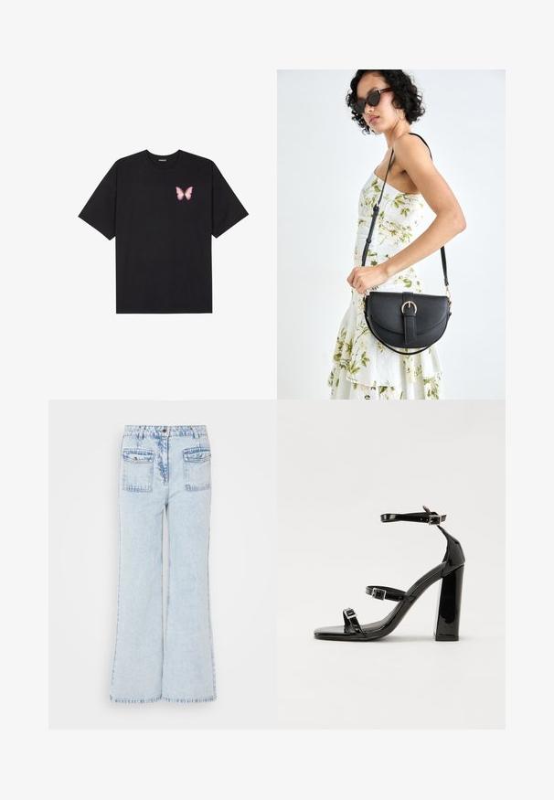 Juodas medvilnės marškinėliai trumpomis rankovėmis, su maža rožine drugelio grafika kairėje krūtinės pusėje. Apvalus kaklo iškirpimas, laisvas kirpimas.; Šviesiai mėlyni džinsiniai flared džinsai, aukštu liemeniu, su penkių kišenių dizainu, turintys mygtuko užsegimą ir nedidelį išblukimą audinyje.; Juodos patentuotos aukštakulnės basutės su dviem sagtelėmis, kvadratine nosimi ir stambiu blokiniu kulnu, pasižyminčios lygiu, blizgiu paviršiumi.; Juodas odinis krepšys su išlenkta forma, nuimamu dirželiu ir auksiniais detalėmis. Krepšys turi kilpą su sagtimi.