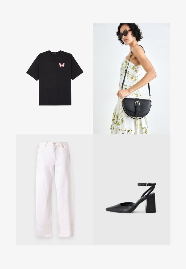 Zwarte katoenen t-shirt met korte mouwen, voorzien van een kleine roze vlinder graphic op de linkerkant van de borst. Crew neck ontwerp met een relaxte fit.; Witte denim jeans met een ontspannen pasvorm, rechte pijpen, vijf-pocketontwerp en een knoopsluiting. Voorzien van zichtbare stiksels en minimale hardware.; Zwarte leren puntige pump met een enkelbandje en een chunky hak. Vlakke textuur, strakke vormgeving en minimalistische esthetiek.; Zwarte leren handtas met een gebogen vorm, afneembare schouderband en gouden hardware. De tas heeft een klep met een gespsluiting.