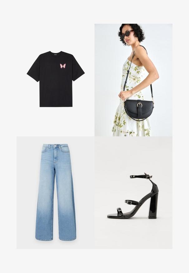 Fekete pamut póló rövid ujjakkal, bal mellkason egy kis rózsaszín pillangó grafikával. Kerek nyakú kialakítás, laza fazonnal.; Világoskék, bőszárú farmernadrág. Magas derekú kivitel gombos záródással és öt zsebbel. Halványodó részletek az alján.; Fekete lakk magas sarkú szandál két csatos pánttal, négyzet alakú orral és tömzsi blokk sarokkal, sima, fényes felülettel.; Fekete bőrtáska ívelt formával, levehető pánttal és arany színű fémrészekkel. A táskán egy csattal díszített fedél található.