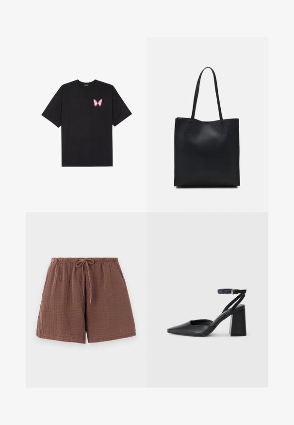 T-shirt en coton noir à manches courtes, avec un petit graphique de papillon rose sur la poitrine gauche. Modèle à col rond avec une coupe décontractée.; Shorts en coton marron avec une finition texturée et froissée, une taille élastique et un cordon de serrage. Longueur mi-cuisse avec une coupe décontractée.; Escarpin noir en cuir à bout pointu avec une bride de cheville et un talon épais. Texture lisse, design élégant et esthétique minimaliste.; Sac fourre-tout en cuir noir avec une texture lisse, de forme rectangulaire et deux longues poignées. Pas de matériel ou d'ornementations visibles.