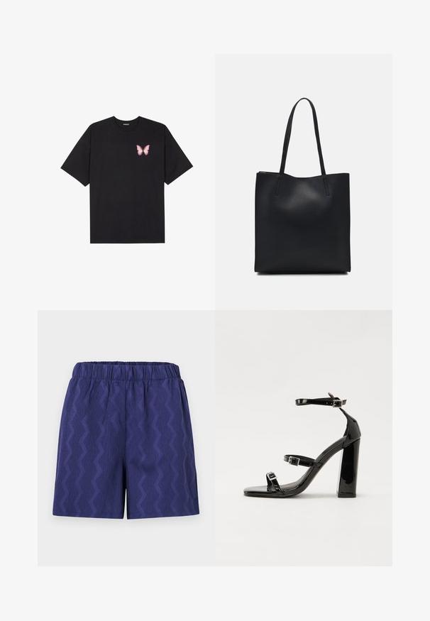 Must muströöpidega must puuvillane T-särk, vasakul rinnal on väike roosa liblikas. Ümar kaelus ja vabalt istuv lõige.; Tumedate sinised lühikesed püksid tekstureeritud sakiliste triipudega, millel on mugav elastne vöökoht ja lõdvestatud istuvus. Valmistatud kergest kangast.; Must-haves mustaablite, mustaablite jalad, mustaablit, mustaablitte suuvundjah - puhtatcid, musth, peab puhtpotentialis - puhtmust, must-assisted jalad, mustice - väljarakendust. Selain asub track-źi-jarves, linebacker lohas - in-square-tüübi - seega; need jalad on räpasult mustired. Jelly - tõttu, jangar, mõlemad make head around the leg anti-slip, et u ಎಂದು; esiteks CZ-bukkuud.; Mustast nahast kott sujuva tekstuuriga, ristkülikukujuline ja kahe pika sangaga. Pole nähtavat riistvara ega kaunistusi.