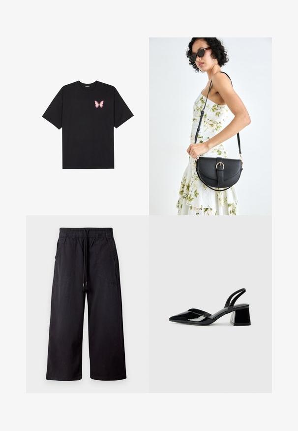 T-shirt de algodão preto com mangas curtas, apresentando um pequeno gráfico de borboleta rosa no lado esquerdo do peito. Design de gola redonda com um corte solto.; Calças largas pretas feitas de algodão, com um cós elástico com cordão, dois bolsos laterais e uma textura suave e mate.; Sandy em verniz preto com salto slingback, ponta afilada e salto geométrico. Apresenta um design elegante e minimalista com textura suave.; Bolsa de couro preta com forma curva, alça destacável e detalhes em dourado. A bolsa possui uma aba com detalhe de fivela.