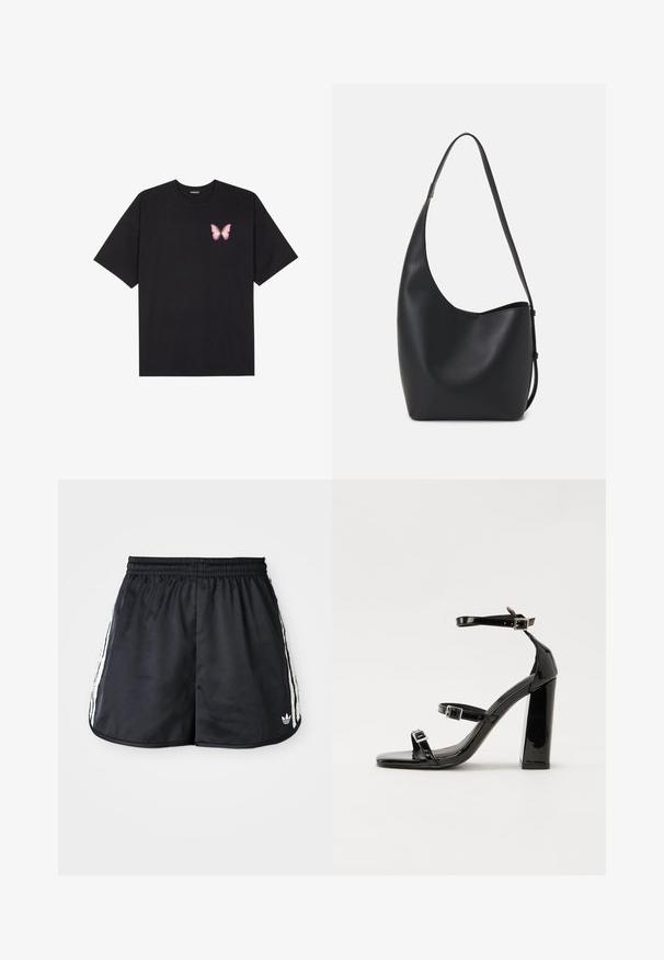 Juodas medvilnės marškinėliai trumpomis rankovėmis, su maža rožine drugelio grafika kairėje krūtinės pusėje. Apvalus kaklo iškirpimas, laisvas kirpimas.; Juodi sportiniai šortai su elastinga juosta, baltais trimis dryžiais šonuose ir mažu logotipu apatinėje krašto dalyje.; Juodos patentuotos aukštakulnės basutės su dviem sagtelėmis, kvadratine nosimi ir stambiu blokiniu kulnu, pasižyminčios lygiu, blizgiu paviršiumi.; Juodas odinis hobo maišas su lygiu paviršiumi, kreipta forma ir viena reguliuojama rankena; turi platų atidarymą viršuje.