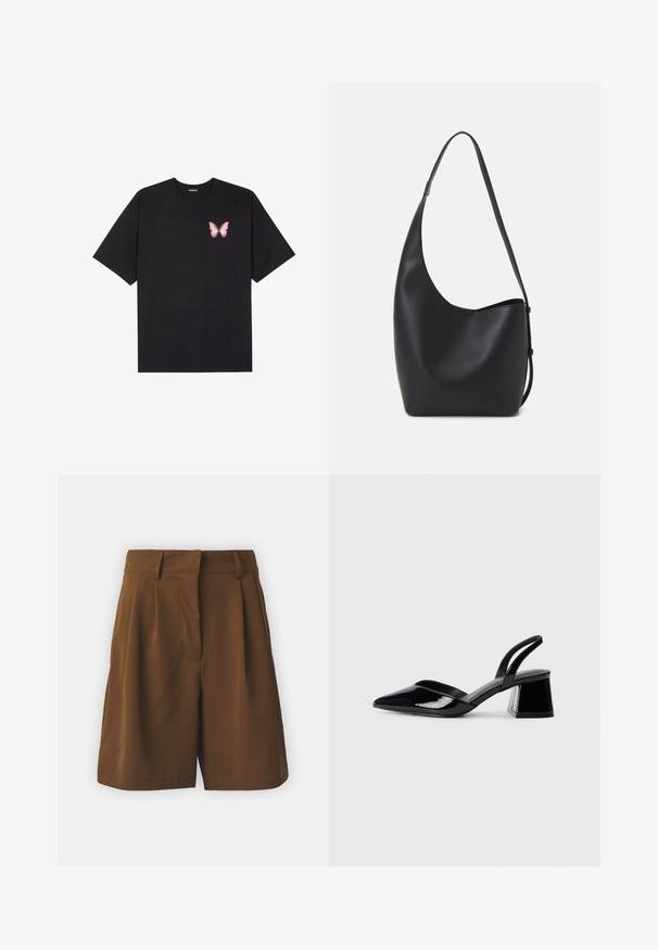 Črna bombažna majica s kratkimi rokavi, ki ima majhen roza metuljček na levi strani prsnega dela. Majica s krožnim ovratnikom in sproščenim krojem.; VILA VIEMLA - Kratke hlače - dachshund; Črne lakirane slingback pete s koničastim nosom in geometrijsko blokasto peto. Imajo eleganten, minimalističen dizajn in gladko teksturo.; Črna usnjena hobo torba z gladko teksturo, ukrivljeno obliko in eno nastavljivo naramnico; ima širok odprtina na vrhu.