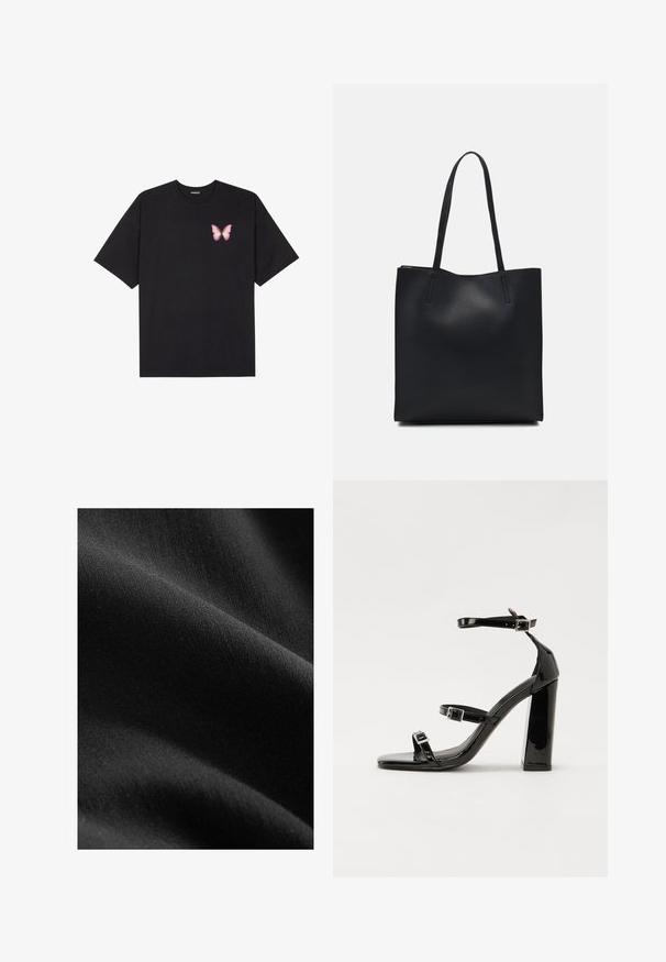 Schwarzes Baumwoll-T-Shirt mit kurzen Ärmeln, das ein kleines pinkes Schmetterlingsmotiv auf der linken Brust zeigt. Crewneck-Design mit einem entspannten Schnitt.; Schwarzer Stoff mit einer glatten, matten Textur, der subtile Farb- und Faservariationen zeigt und drapiert ist, um weiche Kurven und Tiefe zu enthüllen.; Schwarze patentierte Sandalen mit Absatz, quadratischer Spitze, Knöchelriemen und silbernen Schnallen. Mit einem stabilen Blockabsatz für mehr Stabilität.; Schwarze Laptoptasche aus Leder mit glatter Textur, rechteckiger Form und zwei langen Griffen. Keine sichtbaren Beschläge oder Verzierungen.