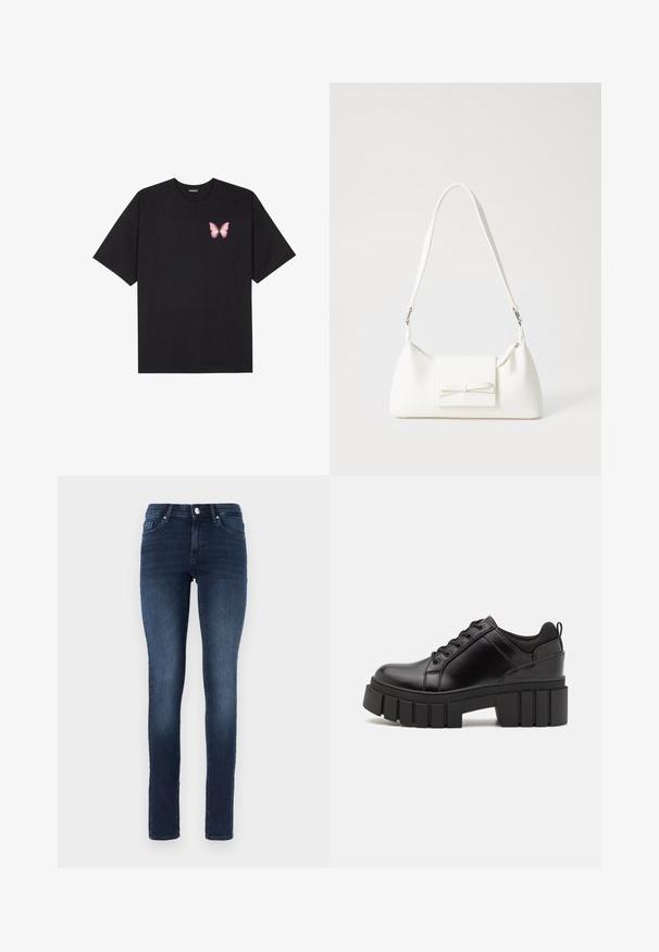 T-shirt de algodão preto com mangas curtas, apresentando um pequeno gráfico de borboleta rosa no lado esquerdo do peito. Design de gola redonda com um corte solto.; Jeans skinny azul-escuro feitos de ganga, com um clássico design de cinco bolsos, fecho de botão e desbotamento subtil nas coxas.; Sapatos de plataforma em couro preto com um salto bloco robusto, bico redondo e design clássico de atacadores. Apresentam uma textura suave e detalhes mínimos.; Mala sintética branca com formato triangular, aba frontal plana e detalhe de laço, alça ajustável, textura suave e design minimalista.