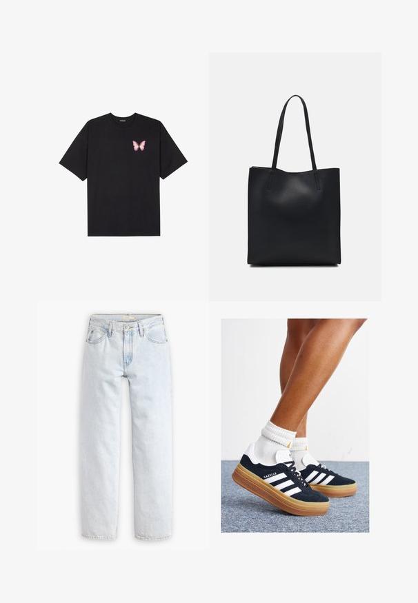 Svart bomulls T-skjorte med korte ermer, med en liten rosa sommerfugl grafikk på venstre bryst. Crew-neck design med en avslappet passform.; Lys blå, rett ben denim jeans med høy midje, som har fem lommer, en front knappelukking og synlige sømdetaljer.; Svarte sneakers i semsket skinn med hvite striper og detaljer, rund tå, yttersåle i gummigummi, kombinert med hvite ribbestrikkede crew-sokker.; Svart lær tote bag med glatt tekstur, rektangulær form og to lange håndtak. Ingen synlige deler eller dekorasjoner.