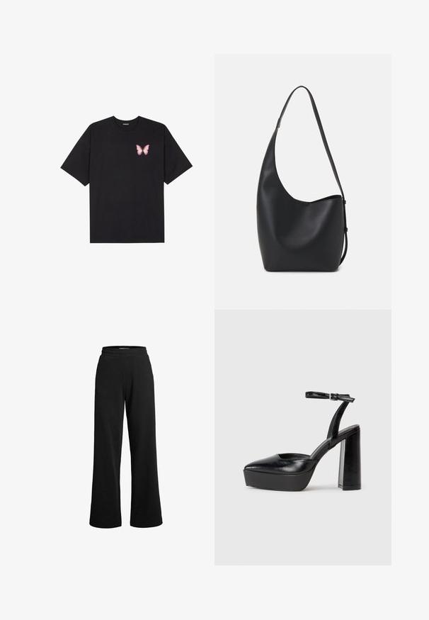 Black cotton t-shirt with short sleeves, featuring a small pink butterfly graphic on the left chest. Crew neck design with a relaxed fit.; Black sweatpants with a wide leg, made from soft fabric. Features an elastic waistband and minimal seams for comfort.; Black platform heels with a pointed toe and adjustable ankle strap. Constructed from smooth leather, featuring a chunky block heel.; Black leather hobo bag with a smooth texture, curved shape, and single adjustable strap; features a wide opening at the top.