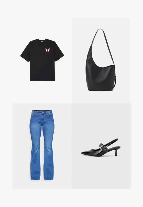 Crna pamučna majica s kratkim rukavima, s malim grafičkim prikazom ružičaste vjetricaste s desne strane na prsima. Dizajn s okruglim izrezom i opuštenim krojem.; ONLY ONLREESE RETRO - Trapezaste traperice - light medium blue denim; Crne lakirane slingback potpetice s oštrim prstom i malom blok petom, s naglaskom na srebrnoj kopči na remenu.; Crna kožna hobo torba s glatkom teksturom, zakrivljenim oblikom i jednom podesivom trakicom; ima širok otvor na vrhu.