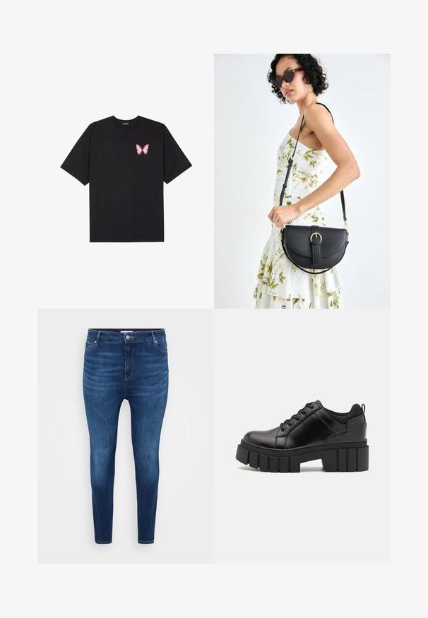 Černé bavlněné tričko s krátkým rukávem, na levém prsou s malou grafikou růžové motýlky. Design s kruhovým výstřihem a volným střihem.; Tmavě modré skinny džíny s předními kapsami, poutky na pásek a zapínáním na knoflík na čistém světlém pozadí.; Černé kožené platformové boty s masivním blokovým podpatkem, kulatou špičkou a tradičním šněrováním. Mají hladký povrch a minimální detaily.; Černá kožená kabelka s křivkovým tvarem, odnímatelným popruhem a zlatými detaily. Kabelka má klopu s přezkou.