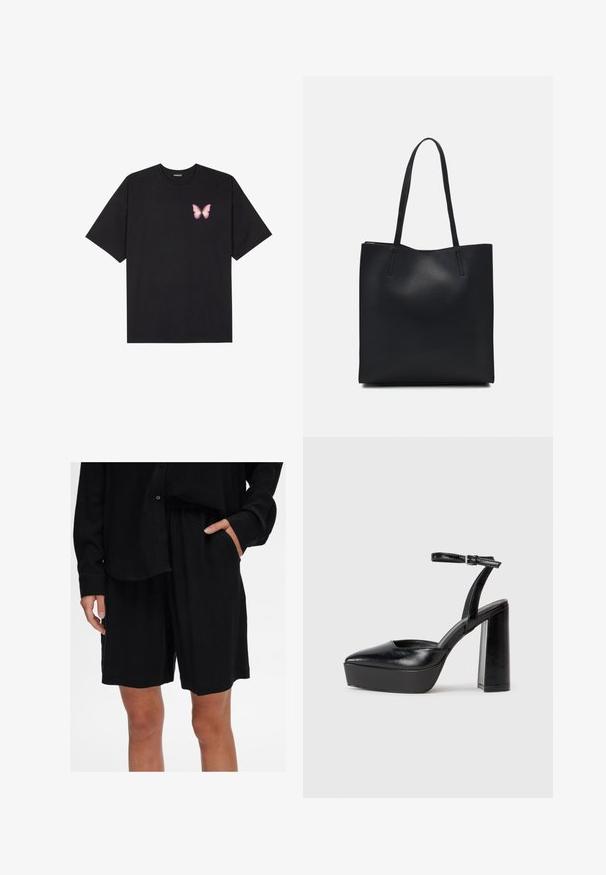 Svart bomulls T-skjorte med korte ermer, med en liten rosa sommerfugl grafikk på venstre bryst. Crew-neck design med en avslappet passform.; Sorte, avslappede shorts laget av mykt stoff med elastisk midje og sidelommer; kombinert med en matchende knappskjorte.; Sorte plattformhelter med spiss tå og justerbar ankelrem. Laget av glatt lær, med en robust blokkhel.; Svart lær tote bag med glatt tekstur, rektangulær form og to lange håndtak. Ingen synlige deler eller dekorasjoner.