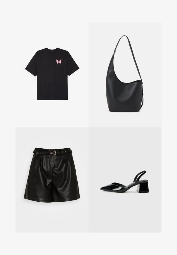 Juodas medvilnės marškinėliai trumpomis rankovėmis, su maža rožine drugelio grafika kairėje krūtinės pusėje. Apvalus kaklo iškirpimas, laisvas kirpimas.; Juodos odinės šortai su raukšlėtu priekiu, diržu su auksinės spalvos sagtimi ir šoninėmis kišenėmis. Sklandus paviršius ir pritaikytas siluetas.; Juodos lakuotos odinės šlepetės su smailiu pirštu ir geometriniu bloko kulnu. Turi elegantišką, minimalistinį dizainą ir lygų paviršių.; Juodas odinis hobo maišas su lygiu paviršiumi, kreipta forma ir viena reguliuojama rankena; turi platų atidarymą viršuje.