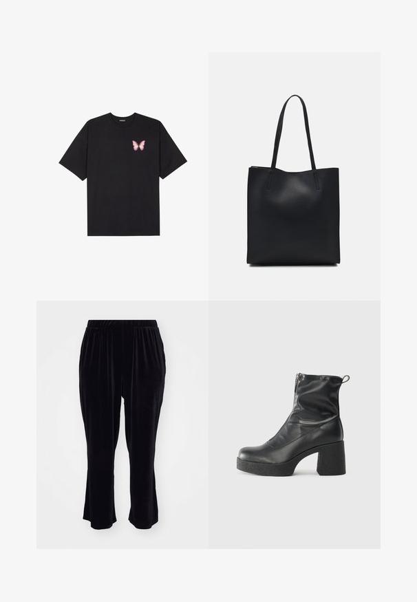 Black cotton t-shirt with short sleeves, featuring a small pink butterfly graphic on the left chest. Crew neck design with a relaxed fit.; Black velvet pants with an elastic waistband, flared leg design, and smooth texture, featuring side pockets and a simple, seamless front.; Black ankle boots made of smooth leather, featuring a side zipper, chunky textured heel, and rounded toe design.; Black leather tote bag with smooth texture, rectangular shape, and two long handles. No visible hardware or embellishments.