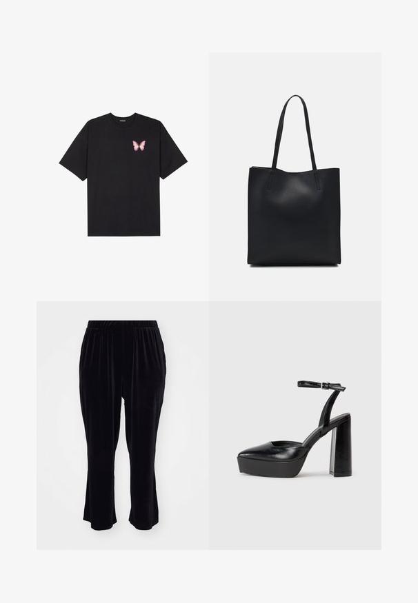 Schwarzes Baumwoll-T-Shirt mit kurzen Ärmeln, das ein kleines pinkes Schmetterlingsmotiv auf der linken Brust zeigt. Crewneck-Design mit einem entspannten Schnitt.; Schwarze Samt-Hose mit elastischem Bund, ausgestelltem Beinschnitt und glatter Textur, ausgestattet mit Seitentaschen und einer schlichten, nahtlosen Vorderseite.; Schwarze Plateau-High Heels mit spitzem Zeh und verstellbarem Knöchelriemen. Gefertigt aus glattem Leder und mit einem klobigen Blockabsatz.; Schwarze Laptoptasche aus Leder mit glatter Textur, rechteckiger Form und zwei langen Griffen. Keine sichtbaren Beschläge oder Verzierungen.