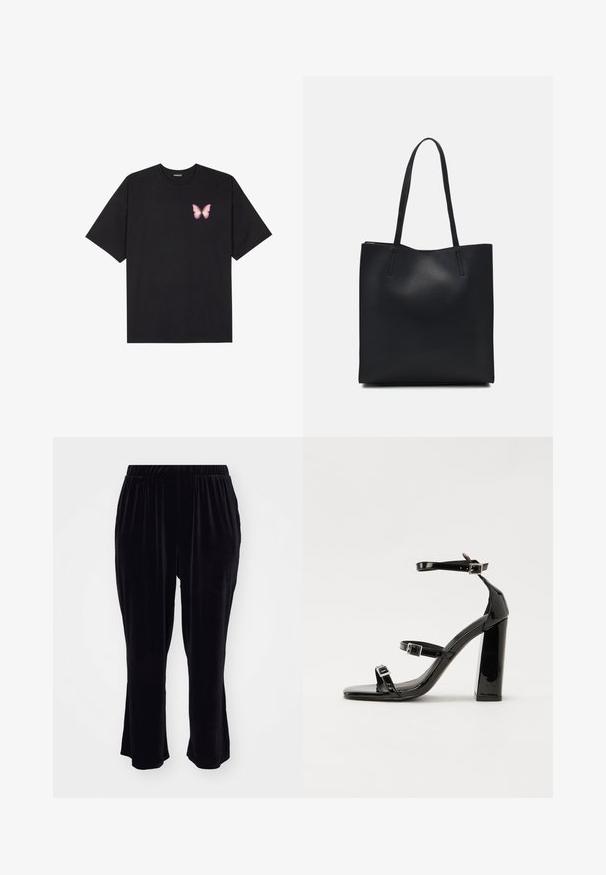 Camiseta de algodón negra de manga corta, con un pequeño gráfico de mariposa rosa en el lado izquierdo del pecho. Diseño de cuello redondo con un corte relajado.; Pantalones de terciopelo negro con cintura elástica, diseño de piernas acampanadas y textura suave, con bolsillos laterales y un frente simple y sin costuras.; Sandalias de tacón de charol negro con punta cuadrada, correas en el tobillo y hebillas plateadas. Presentan un tacón grueso para mayor estabilidad.; Bolso tote de cuero negro con textura lisa, forma rectangular y dos asas largas. Sin herrajes ni adornos visibles.