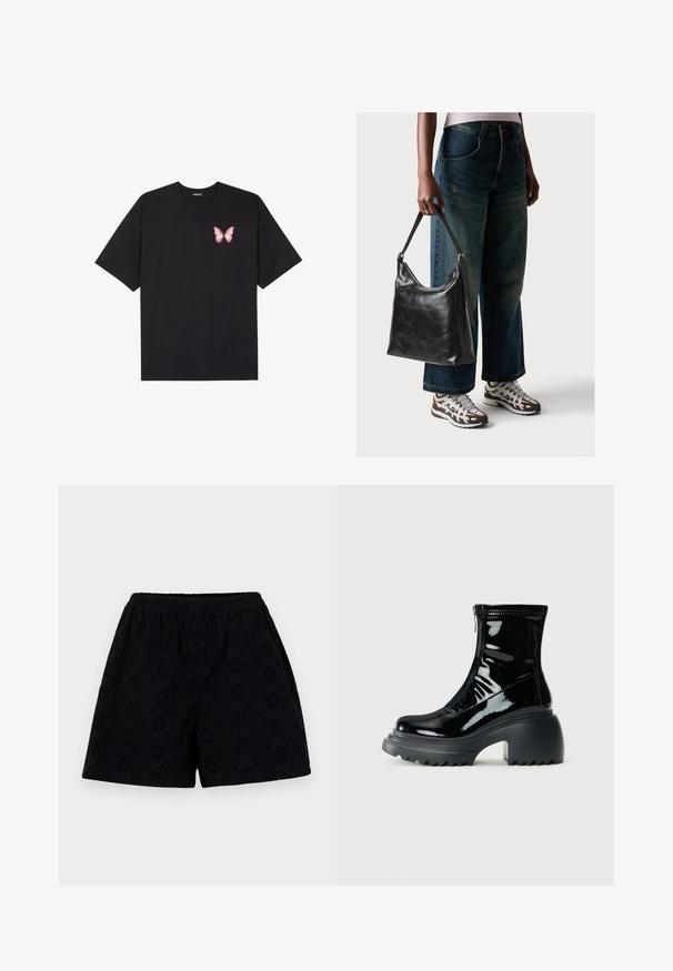 Melna kokvilnas T-krekls ar īsām piedurknēm, kuram priekšā kreisajā pusē ir neliels rozā tauriņa grafiskais attēls. Ar apaļu kaklu un brīvā stila piegriezumu.; Melnas kokvilnas šortos ar elastīgu jostasvietu, ar ziedu acu rakstu un brīvu piegriezumu, audums izskatās mīksts un viegls.; Mirdzoši melni platformu potītes zābaki ar noapaļotu purngalu, masīvu papēdi, rāvējslēdzēju un biezu rievotu zoli uz balta fona.; Melna ādas pleca soma ar gludu tekstūru un regulējamu siksnu, saskaņota ar izbalējušām platām biksēm un sportiskām kedām.