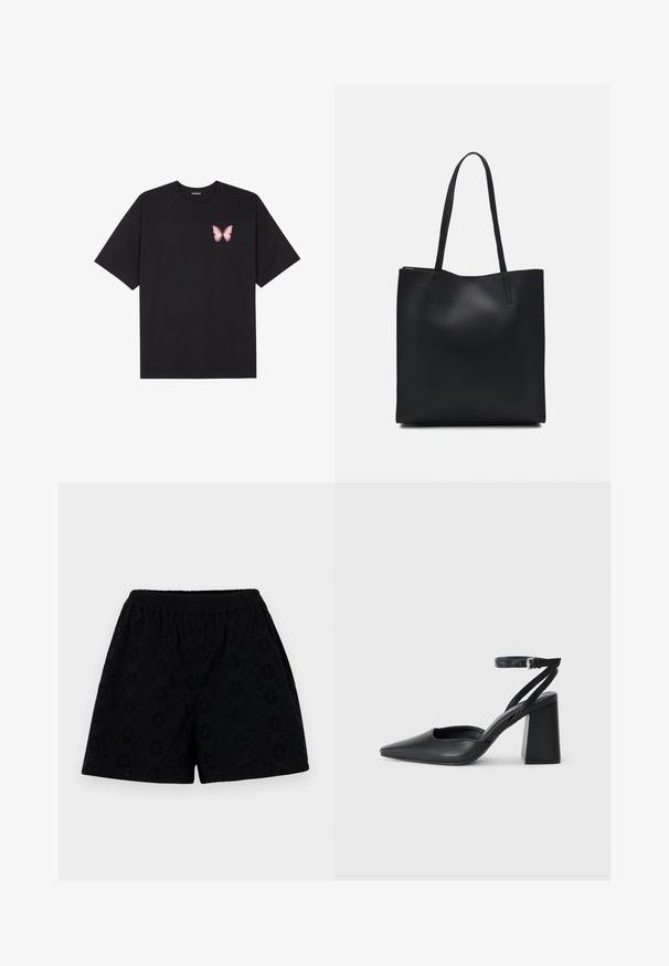 Svart bomulls T-skjorte med korte ermer, med en liten rosa sommerfugl grafikk på venstre bryst. Crew-neck design med en avslappet passform.; Sorte bomullsshorts med elastisk midje, med et blomstermønster i perforering og løs passform, teksturen ser myk og lett ut.; Svart lær pumps med spiss tå, ankelrem og kraftig hæl. Flat tekstur, strømlinjeformet design og minimalisme.; Svart lær tote bag med glatt tekstur, rektangulær form og to lange håndtak. Ingen synlige deler eller dekorasjoner.