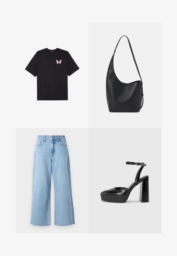 T-shirt de algodão preto com mangas curtas, apresentando um pequeno gráfico de borboleta rosa no lado esquerdo do peito. Design de gola redonda com um corte solto.; Jeans de ganga de perna larga em azul claro, com uma cintura alta, fecho frontal com botão e detalhes de bainha crua no tornozelo.; Saltos altos pretos com bico fino e atilho ajustável no tornozelo. Confeccionados em couro suave, apresentam um salto bloco robusto.; Saco hobo preto em pele com uma textura lisa, forma curva e uma única alça ajustável; apresenta uma abertura larga na parte de cima.