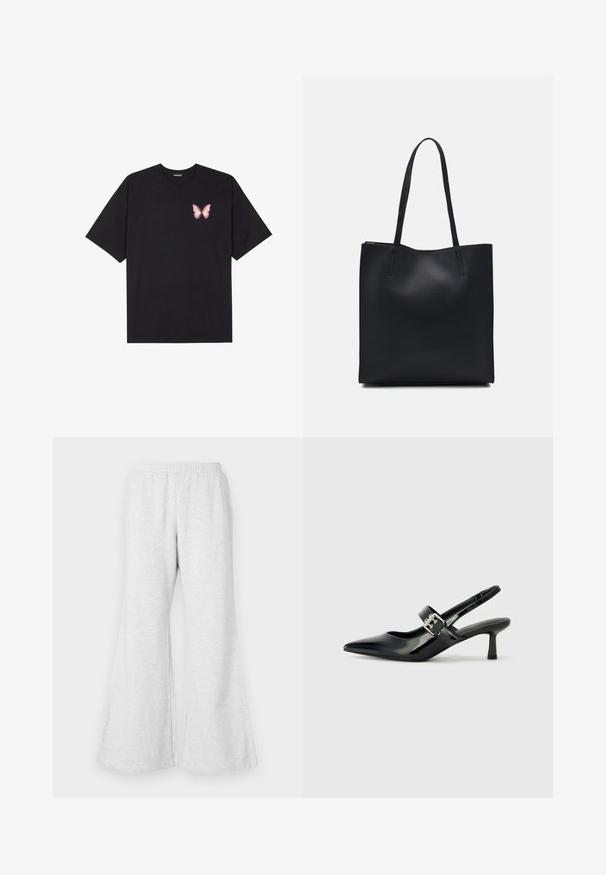 Black cotton t-shirt with short sleeves, featuring a small pink butterfly graphic on the left chest. Crew neck design with a relaxed fit.; Light grey flared sweatpants with an elastic waistband, made of soft, textured fabric. Features a relaxed fit and wide leg openings.; Black patent leather slingback heels with a pointed toe and a small block heel, featuring a silver buckle accent on the strap.; Black leather tote bag with smooth texture, rectangular shape, and two long handles. No visible hardware or embellishments.