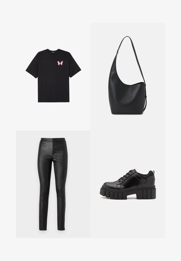 T-shirt en coton noir à manches courtes, avec un petit graphique de papillon rose sur la poitrine gauche. Modèle à col rond avec une coupe décontractée.; Leggings en cuir noir avec une texture lisse, coupe slim et taille haute. Comprend une couture avant pour une apparence élégante.; Chaussures à plateforme en cuir noir avec un talon bloc épais, bout rond et un design traditionnel à lacets. Elles présentent une texture lisse et un détail minimal.; Sac hobo en cuir noir avec une texture lisse, une forme incurvée et une seule sangle réglable ; dispose d'une large ouverture en haut.