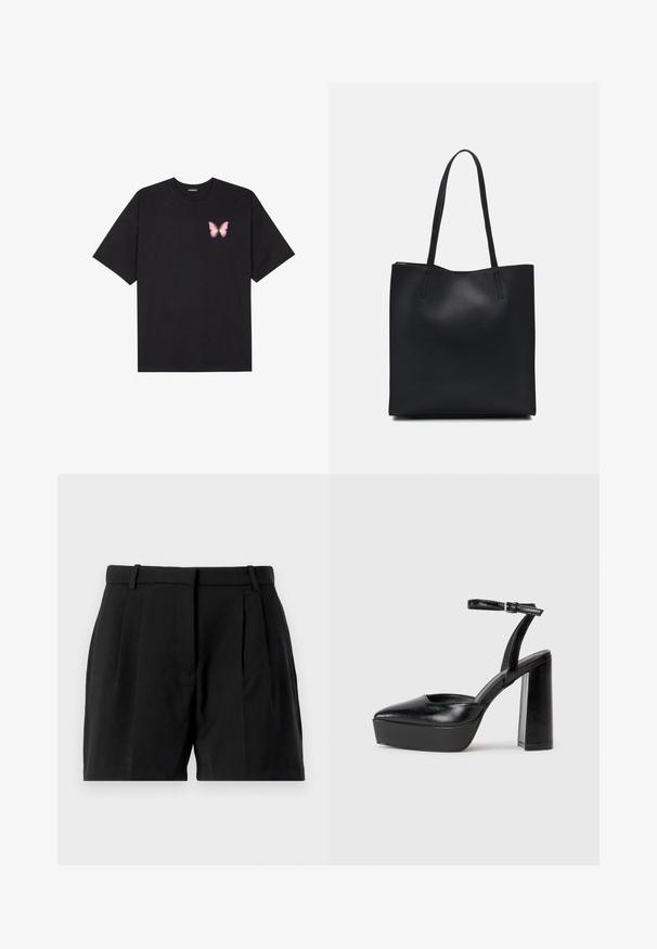 Black cotton t-shirt with short sleeves, featuring a small pink butterfly graphic on the left chest. Crew neck design with a relaxed fit.; Black shorts featuring a tailored design with front pleats, straight cut, and side pockets. Made from a smooth, woven fabric.; Black platform heels with a pointed toe and adjustable ankle strap. Constructed from smooth leather, featuring a chunky block heel.; Black leather tote bag with smooth texture, rectangular shape, and two long handles. No visible hardware or embellishments.