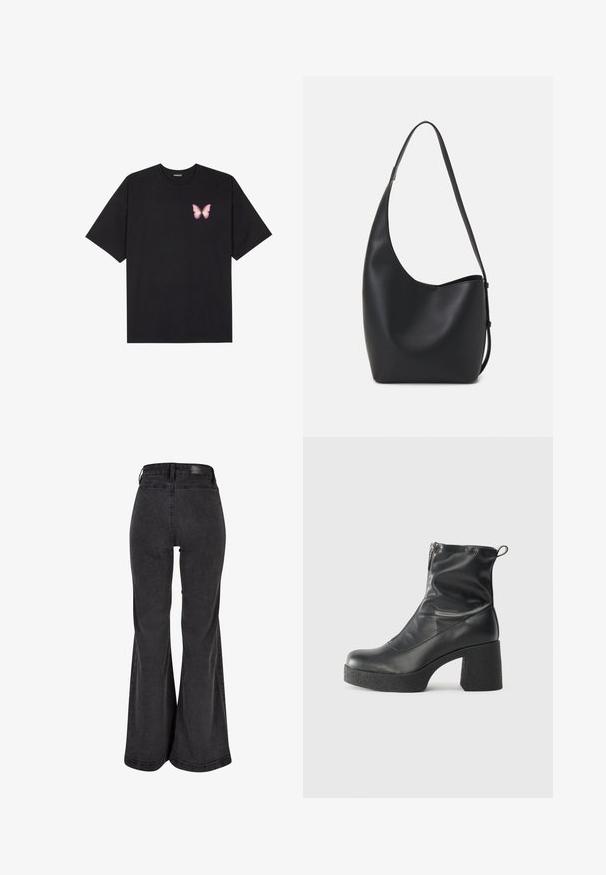 Camiseta de algodón negra de manga corta, con un pequeño gráfico de mariposa rosa en el lado izquierdo del pecho. Diseño de cuello redondo con un corte relajado.; Vaqueros de campana negros con una textura suave, cintura alta y una etiqueta de marca en la parte trasera. Presenta un diseño de pierna ancha y costuras reforzadas.; Botines negros de tobillo, hechos de cuero suave, con cierre lateral, tacón grueso texturizado y diseño de punta redondeada.; Bolso tipo hobo de cuero negro con una textura suave, forma curvada y una sola correa ajustable; presenta una amplia apertura en la parte superior.