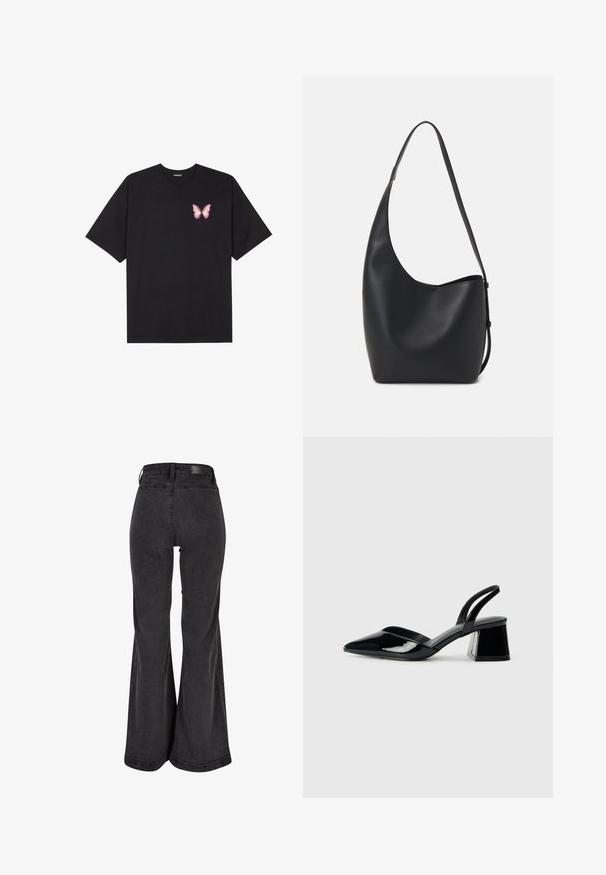 Črna bombažna majica s kratkimi rokavi, ki ima majhen roza metuljček na levi strani prsnega dela. Majica s krožnim ovratnikom in sproščenim krojem.; Črne razširjene kavbojke z gladko teksturo, visokim pasom in blagovno znamko na zadnji strani. Imajo široko zasnovo hlačnic ter ojačano šivanje.; Črne lakirane slingback pete s koničastim nosom in geometrijsko blokasto peto. Imajo eleganten, minimalističen dizajn in gladko teksturo.; Črna usnjena hobo torba z gladko teksturo, ukrivljeno obliko in eno nastavljivo naramnico; ima širok odprtina na vrhu.