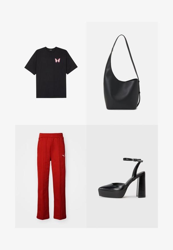 Crna pamučna majica s kratkim rukavima, s malim grafičkim prikazom ružičaste vjetricaste s desne strane na prsima. Dizajn s okruglim izrezom i opuštenim krojem.; Crvene trenirke mekanog tekstura, elastičan pojas i dva bočna džepa sa zatvaračem. Imaju bijelu prugu duž bokova i mali logotip.; Crne platforme s potpeticom s oštrim vrhom i podešivom naramenicom. Izrađene od glatke kože, s masivnom blok petom.; Crna kožna hobo torba s glatkom teksturom, zakrivljenim oblikom i jednom podesivom trakicom; ima širok otvor na vrhu.