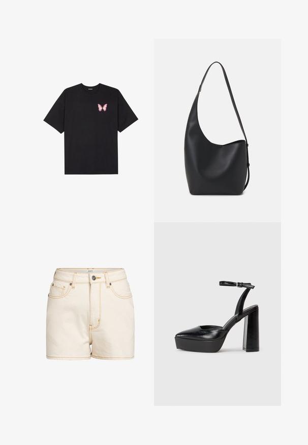 T-shirt en coton noir à manches courtes, avec un petit graphique de papillon rose sur la poitrine gauche. Modèle à col rond avec une coupe décontractée.; Shorts en denim beige taille haute, avec des coutures jaunes contrastantes, des poches avant et une fermeture à bouton en métal à logo.; Escarpins noirs à plateforme avec un bout pointu et une sangle réglable à la cheville. Conçus en cuir lisse, avec un large talon bloc.; Sac hobo en cuir noir avec une texture lisse, une forme incurvée et une seule sangle réglable ; dispose d'une large ouverture en haut.