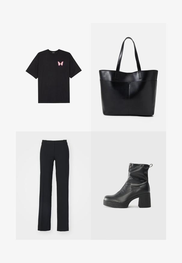 Μαύρο βαμβακερό μπλουζάκι με κοντά μανίκια, διαθέτοντας ένα μικρό ροζ γραφικό πεταλούδας στο αριστερό στήθος. Σχέδιο με στρογγυλή λαιμόκοψη και άνετη εφαρμογή.; Weekday KEEL LOW SUITING - Παντελόνι - black; Μαύρες μποτές μέχρι τον αστράγαλο από λείο δέρμα, με πλευρικό φερμουάρ, χοντρό υφασμάτινο τακούνι και στρογγυλή μύτη.; Μαύρη δερμάτινη τσάντα tote με δύο μακριούς ιμάντες, λεία υφή και δομημένο σχήμα. Διαθέτει μπροστινή τσέπη για επιπλέον αποθήκευση.