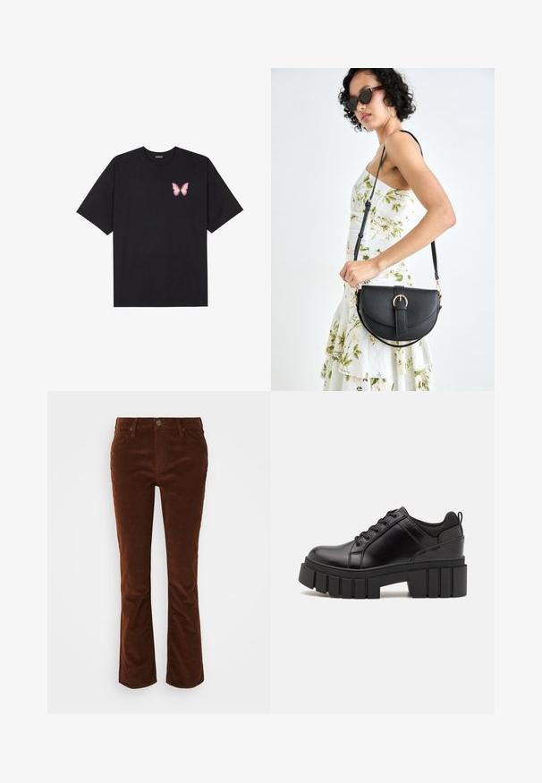 Black cotton t-shirt with short sleeves, featuring a small pink butterfly graphic on the left chest. Crew neck design with a relaxed fit.; Brown corduroy flared pants with a smooth texture, featuring a zip fly and button closure, and standard five-pocket design.; Black leather platform shoes with a chunky block heel, round toe, and traditional lace-up design. Features smooth texture and minimal detailing.; Black leather handbag with a curved shape, detachable strap, and gold hardware. The bag features a flap with a buckle detail.