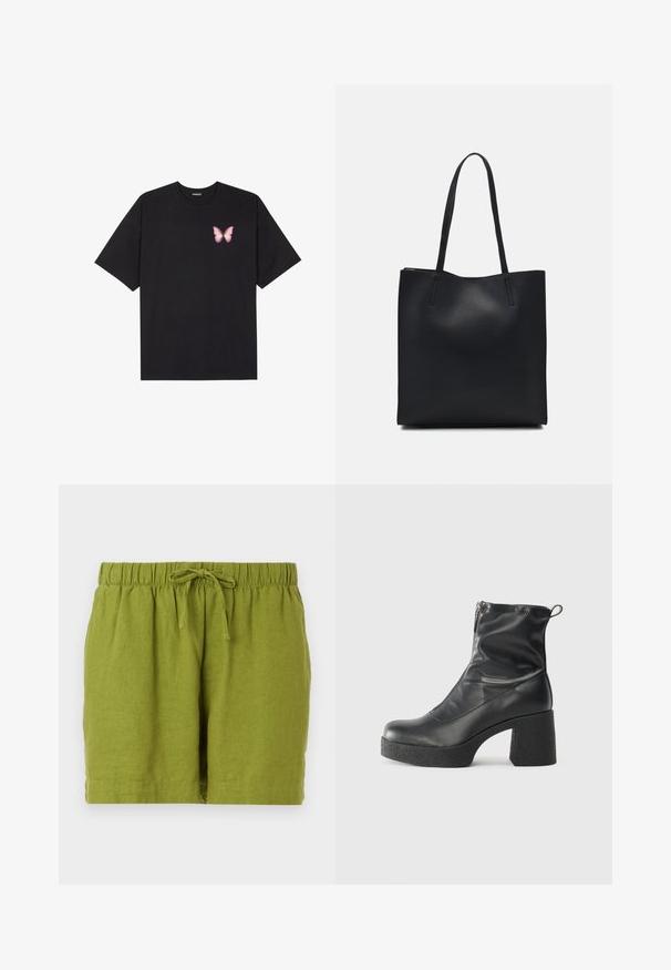 T-shirt nera in cotone con maniche corte, caratterizzata da una piccola grafica di una farfalla rosa sul lato sinistro del petto. Design a girocollo con una vestibilità rilassata.; Pantaloni corti in lino verde con vita elasticizzata e cordoncino regolabile, caratterizzati da una vestibilità rilassata e orlo dritto.; Stivali neri alla caviglia in pelle liscia, con zip laterale, tacco spesso e texture, e punta arrotondata.; Borsa tote in pelle nera con texture liscia, forma rettangolare e due manici lunghi. Nessun hardware o decorazione visibile.