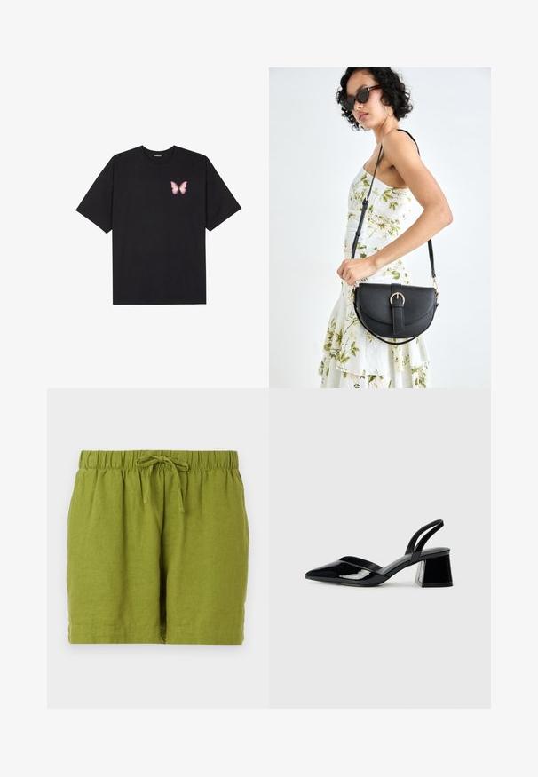 Sort bomulds T-shirt med korte ærmer, prydet med en lille pink sommerfugl grafik på venstre bryst. Rund hals design med en afslappet pasform.; Grønne linnedshorts med elastisk talje og justerbar snor, der har en afslappet pasform og lige kant.; Sorte patentlæder slingback hæle med spids tå og en geometrisk blok hæl. Har et elegant, minimalistisk design og en glat tekstur.; Sort læderhåndtaske med en buet form, aftagelig rem og guldfinish. Tasken har en klap med en spænde detalje.