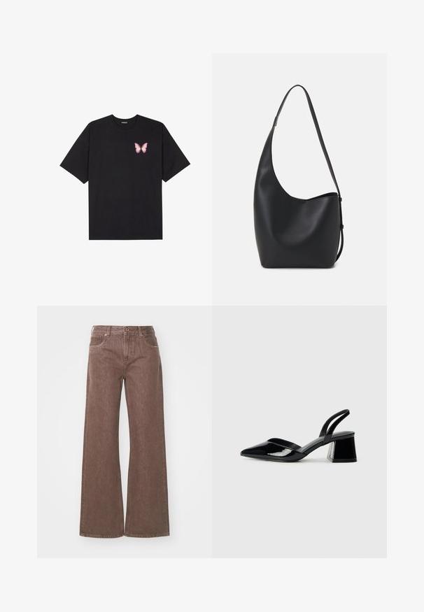 Black cotton t-shirt with short sleeves, featuring a small pink butterfly graphic on the left chest. Crew neck design with a relaxed fit.; Brown wide-leg jeans made of denim, featuring a button closure, two front pockets, and a textured surface with subtle color variation.; Black patent leather slingback heels with a pointed toe and a geometric block heel. Features a sleek, minimal design and smooth texture.; Black leather hobo bag with a smooth texture, curved shape, and single adjustable strap; features a wide opening at the top.