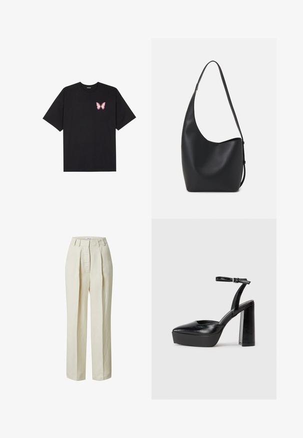 Schwarzes Baumwoll-T-Shirt mit kurzen Ärmeln, das ein kleines pinkes Schmetterlingsmotiv auf der linken Brust zeigt. Crewneck-Design mit einem entspannten Schnitt.; Hochtaillierte, crèmefarbene Hose mit Falten, lockerem Schnitt und Gürtelschlaufen. Hergestellt aus leichtem Stoff mit glatter Textur.; Schwarze Plateau-High Heels mit spitzem Zeh und verstellbarem Knöchelriemen. Gefertigt aus glattem Leder und mit einem klobigen Blockabsatz.; Schwarze Leder-Hobo-Tasche mit einer glatten Textur, geschwungener Form und einem einzelnen verstellbaren Tragegurt; verfügt über eine weite Öffnung am oberen Ende.