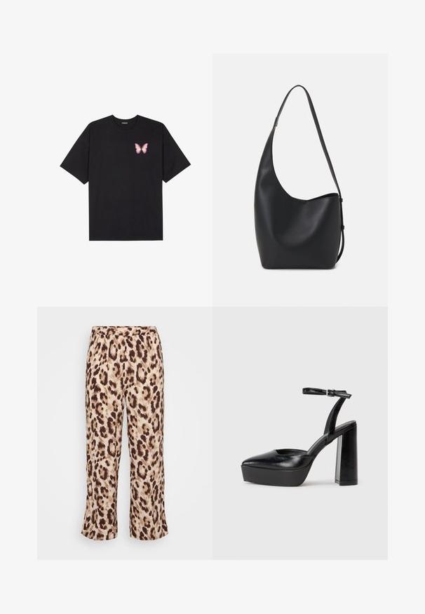 Black cotton t-shirt with short sleeves, featuring a small pink butterfly graphic on the left chest. Crew neck design with a relaxed fit.; Leopard-print pants with an elastic waistband, featuring a blend of beige and brown hues. Fabric has a smooth texture; cropped leg design.; Black platform heels with a pointed toe and adjustable ankle strap. Constructed from smooth leather, featuring a chunky block heel.; Black leather hobo bag with a smooth texture, curved shape, and single adjustable strap; features a wide opening at the top.