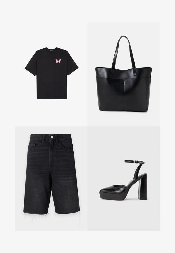 Črna bombažna majica s kratkimi rokavi, ki ima majhen roza metuljček na levi strani prsnega dela. Majica s krožnim ovratnikom in sproščenim krojem.; Črne denim kratke hlače z visokim pasom, petimi žepi, zapiranjem na gumb in raztrganim robom. Imajo gladko teksturo z rahlim zbledelostjo.; Črne platforme z visokimi petami in koničastim nosom ter nastavljivim gležnjenjskim trakom. Narejene iz gladke usnje, s kockasto peto.; Črna usnjena torba z dvema dolgima ročajema, gladko teksturo in strukturirano obliko. Ima sprednji žep za dodatno shranjevanje.