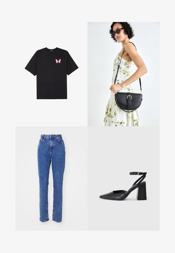 Tricou negru din bumbac cu mâneci scurte, având pe partea stângă a pieptului un mic grafic cu un fluture roz. Design cu guler rotund și croială lejeră.; Jeanși din denim albastru cu talie înaltă, design drept, buzunare frontale și o textură netedă. Fără modele sau accente vizibile.; Pantofii cu toc ascuțit din piele neagră, cu breteaua pentru glezne și toc gros. Textură netedă, design elegant și estetică minimală.; Geantă din piele neagră, cu o formă curbată, curea detașabilă și accesorii aurii. Geanta are un capac cu un detaliu tip cataramă.