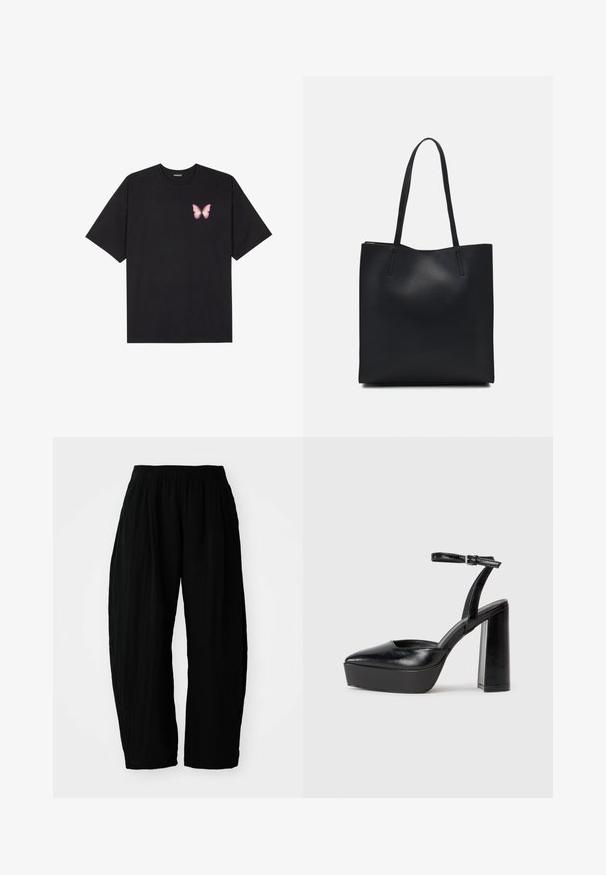 T-shirt en coton noir à manches courtes, avec un petit graphique de papillon rose sur la poitrine gauche. Modèle à col rond avec une coupe décontractée.; GAP WIDE LEG EASY PANT GAUZE - Pantalon classique - basic black; Escarpins noirs à plateforme avec un bout pointu et une sangle réglable à la cheville. Conçus en cuir lisse, avec un large talon bloc.; Sac fourre-tout en cuir noir avec une texture lisse, de forme rectangulaire et deux longues poignées. Pas de matériel ou d'ornementations visibles.