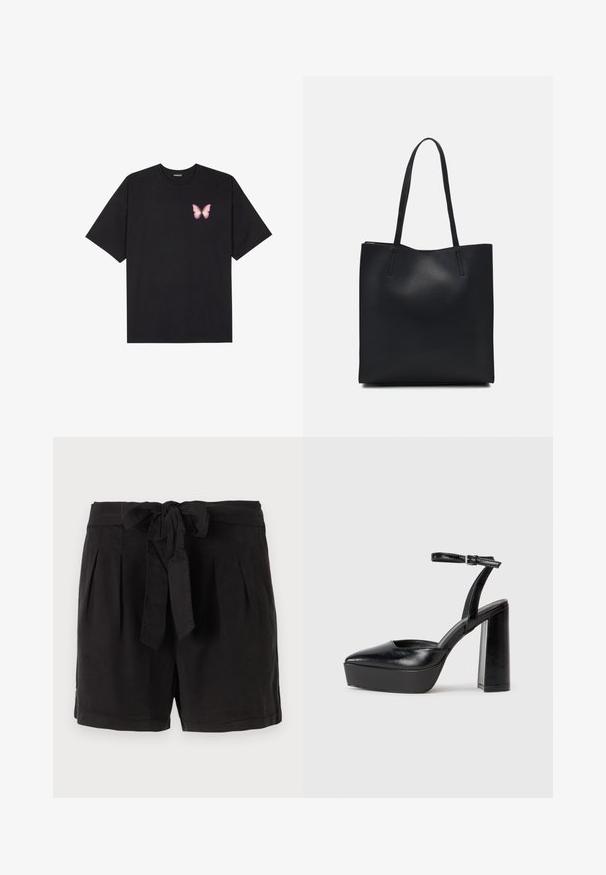 Čierne bavlnené tričko s krátkymi rukávmi, s malým ružovým motýlikom na ľavej hrudi. Design s okrúhlym výstrihom a uvoľneným strihom.; Čierne bavlnené šortky s opaskom na viazanie v páse, s plisovaním vpredu a bočnými vreckami. Hladká textúra a ležérny dizajn.; Čierne platformové podpätky so špicatou špičkou a nastaviteľným členkovým remienkom. Vyrobené z hladkej kože a so robustným blokovým podpätkom.; Čierna kožená taška na rameno s hladkým povrchom, obdĺžnikovým tvarom a dvoma dlhými uchami. Bez viditeľného kovania alebo ozdôb.