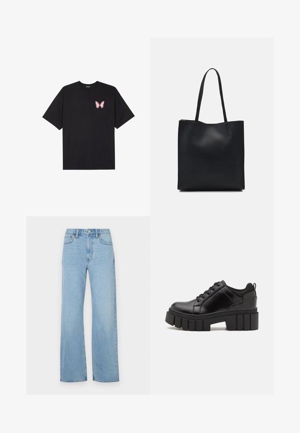 Black cotton t-shirt with short sleeves, featuring a small pink butterfly graphic on the left chest. Crew neck design with a relaxed fit.; Abercrombie & Fitch Curve Love High Rise 90s Relaxed Jean - Wide Leg - med/light; Black leather platform shoes with a chunky block heel, round toe, and traditional lace-up design. Features smooth texture and minimal detailing.; Black leather tote bag with smooth texture, rectangular shape, and two long handles. No visible hardware or embellishments.