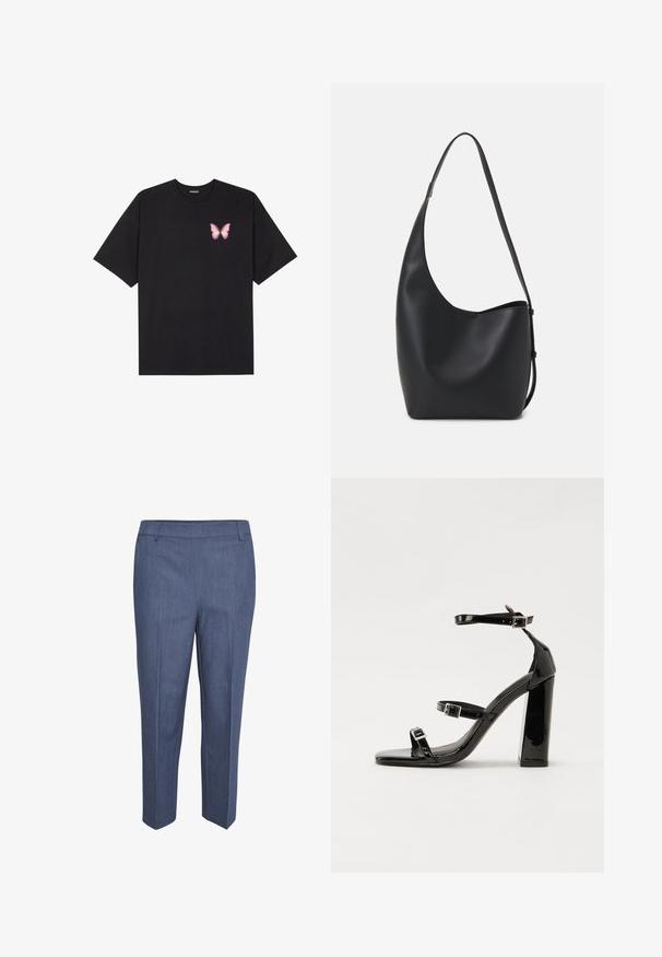 T-shirt en coton noir à manches courtes, avec un petit graphique de papillon rose sur la poitrine gauche. Modèle à col rond avec une coupe décontractée.; Pantalons sur mesure en tissu bleu foncé avec une texture subtile. Présentent un devant plat, des jambes droites et une taille mi-haute. Pas de poches visibles.; Sandales à talons vernies noires avec un bout carré, des sangles autour de la cheville et des boucles en argent. Dotées d'un talon bloc épais pour plus de stabilité.; Sac hobo en cuir noir avec une texture lisse, une forme incurvée et une seule sangle réglable ; dispose d'une large ouverture en haut.