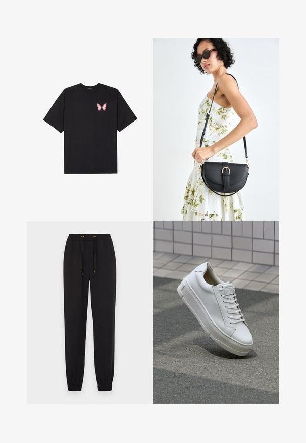 T-shirt de algodão preto com mangas curtas, apresentando um pequeno gráfico de borboleta rosa no lado esquerdo do peito. Design de gola redonda com um corte solto.; Calças de jogging pretas feitas de tecido suave, com cintura elástica e cordão, punhos elásticos e uma textura suave sem padrões visíveis.; Sapatilhas de couro branco com um design de baixo, atacadores planos, bico arredondado e lados texturizados. Sola de borracha espessa com detalhes subtis.; Bolsa de couro preta com forma curva, alça destacável e detalhes em dourado. A bolsa possui uma aba com detalhe de fivela.