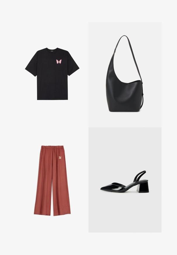 Crna pamučna majica s kratkim rukavima, s malim grafičkim prikazom ružičaste vjetricaste s desne strane na prsima. Dizajn s okruglim izrezom i opuštenim krojem.; Pantalone širokog kroja u rust boji s elastičnim pojasom i malim apstraktnim detaljem na desnoj strani blizu struka.; Crne lakirane kožne sandale s otvorenom petom i špicastim vrhom, s geometrijskom blok petom. Imaju elegantan, minimalistički dizajn i glatku teksturu.; Crna kožna hobo torba s glatkom teksturom, zakrivljenim oblikom i jednom podesivom trakicom; ima širok otvor na vrhu.