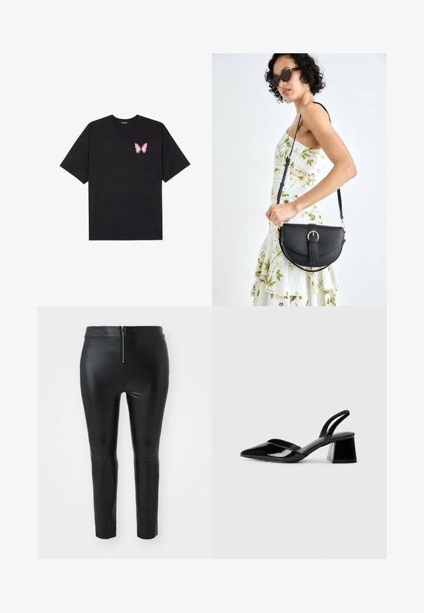 Crna pamučna majica s kratkim rukavima, s malim grafičkim prikazom ružičaste vjetricaste s desne strane na prsima. Dizajn s okruglim izrezom i opuštenim krojem.; Crne hlače od umjetne kože s visokim strukom, s zatvaranjem na zipu straga i uskim krojem. Glatka tekstura i minimalistički dizajn.; Crne lakirane kožne sandale s otvorenom petom i špicastim vrhom, s geometrijskom blok petom. Imaju elegantan, minimalistički dizajn i glatku teksturu.; Crna kožna torba s lukovitim oblikom, odvojivim remenom i zlatnim detaljima. Torba ima preklop s kopčom.