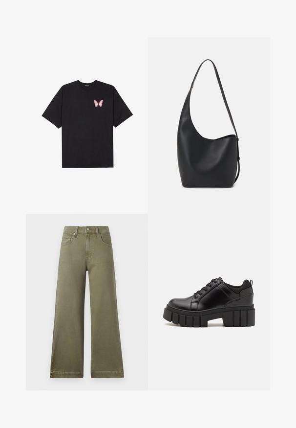 Black cotton t-shirt with short sleeves, featuring a small pink butterfly graphic on the left chest. Crew neck design with a relaxed fit.; Wide-leg trousers in olive green, made of soft, textured fabric. Features belt loops, a zip fly with a button, and front pockets.; Black leather platform shoes with a chunky block heel, round toe, and traditional lace-up design. Features smooth texture and minimal detailing.; Black leather hobo bag with a smooth texture, curved shape, and single adjustable strap; features a wide opening at the top.